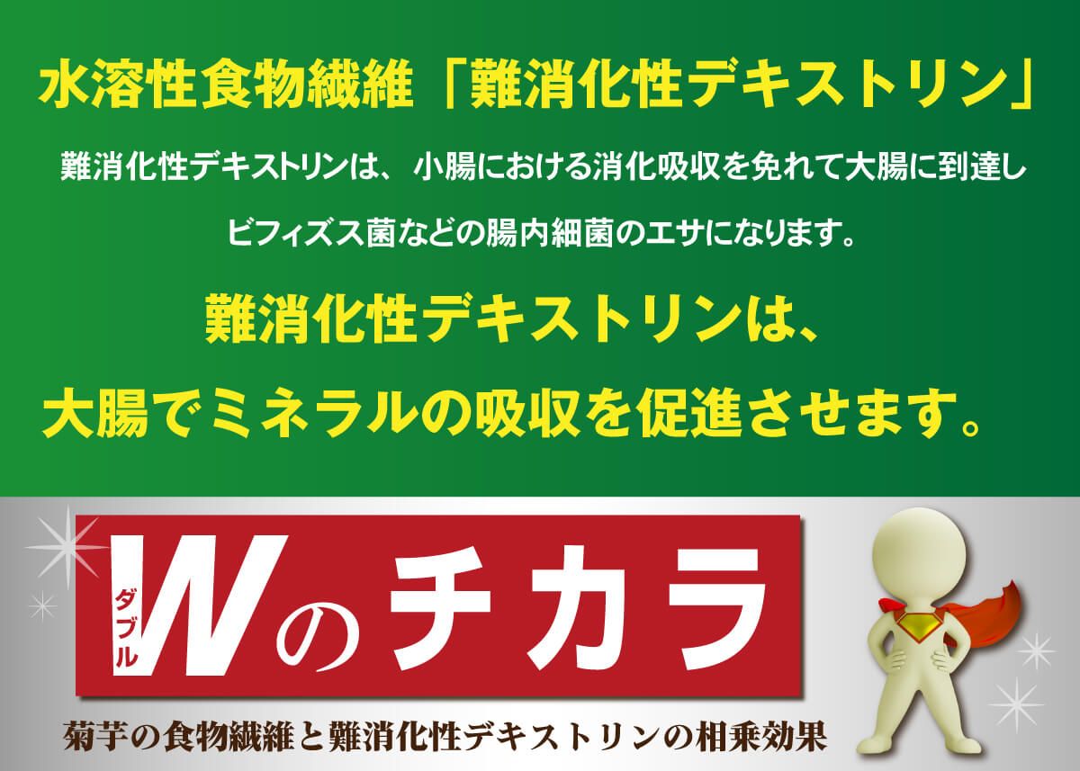 水溶性食物繊維「難消化性デキストリン」は、大腸でミネラルの吸収を促進させます。